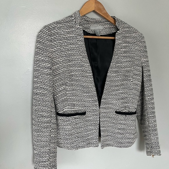 H&M Tweed Blazer Jacket Two Pockets Long Sleeves Black White Medium Large 10 - Picture 3 of 13